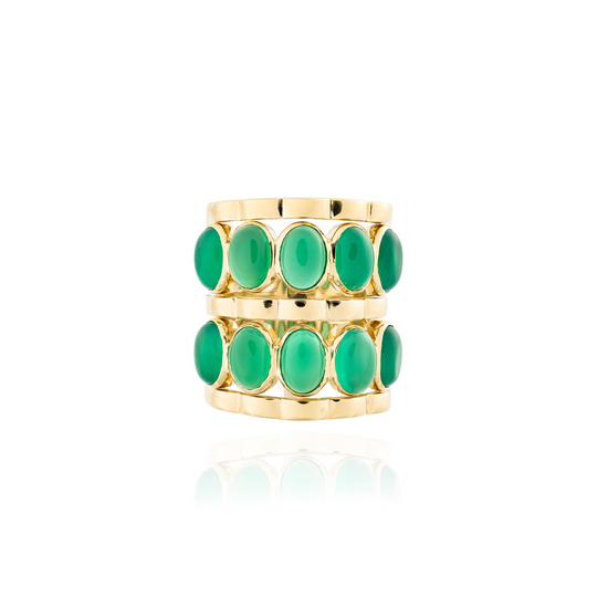 925 Silver Ring Plated in 18K Yellow Gold with Green Onyx   Cabouchon