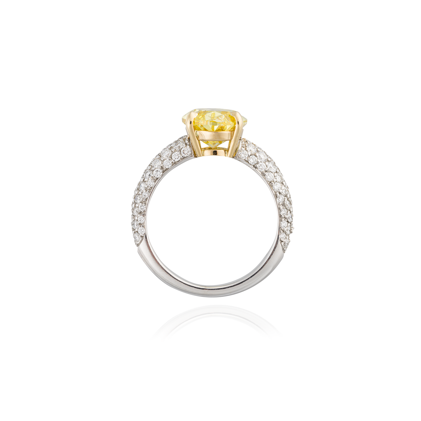 18KT White Gold Ring with White Diamond Pave Band & Yellow Diamond