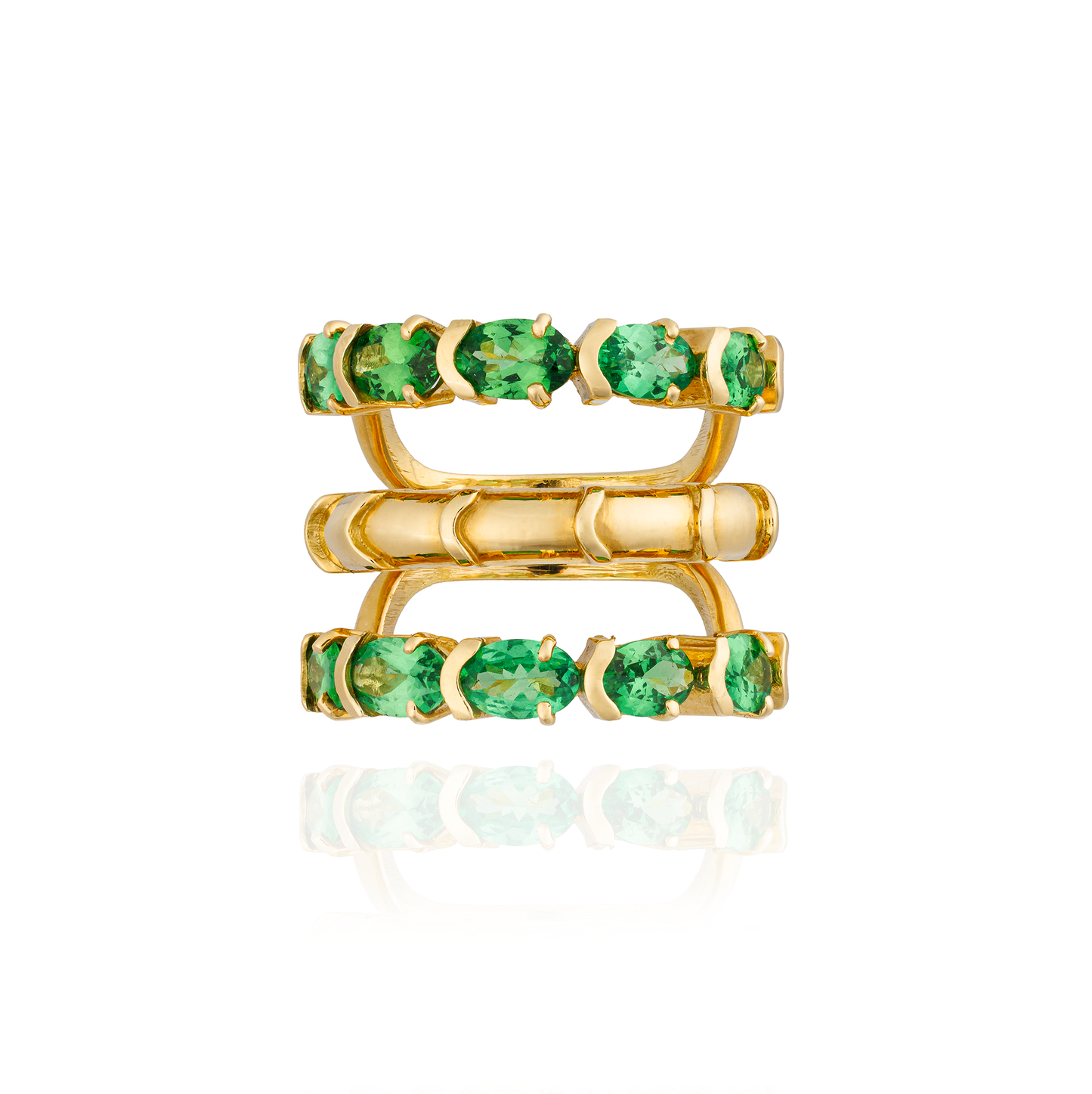 18KT Yellow Gold Ring with a Row of Faceted Tsavorite