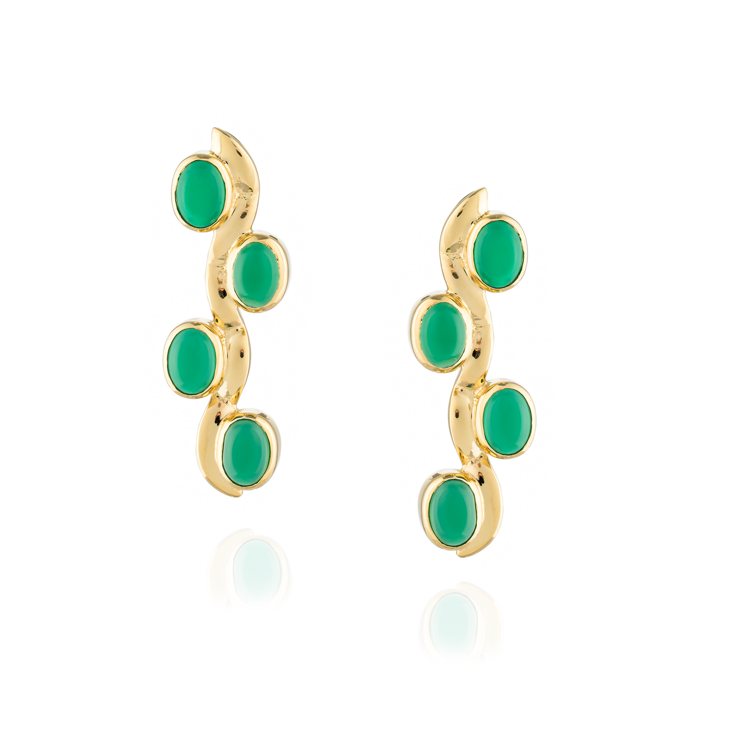 925 Silver Earrings plated in 18k Yellow Gold with 4 oval Green Onyx Cabouchon
