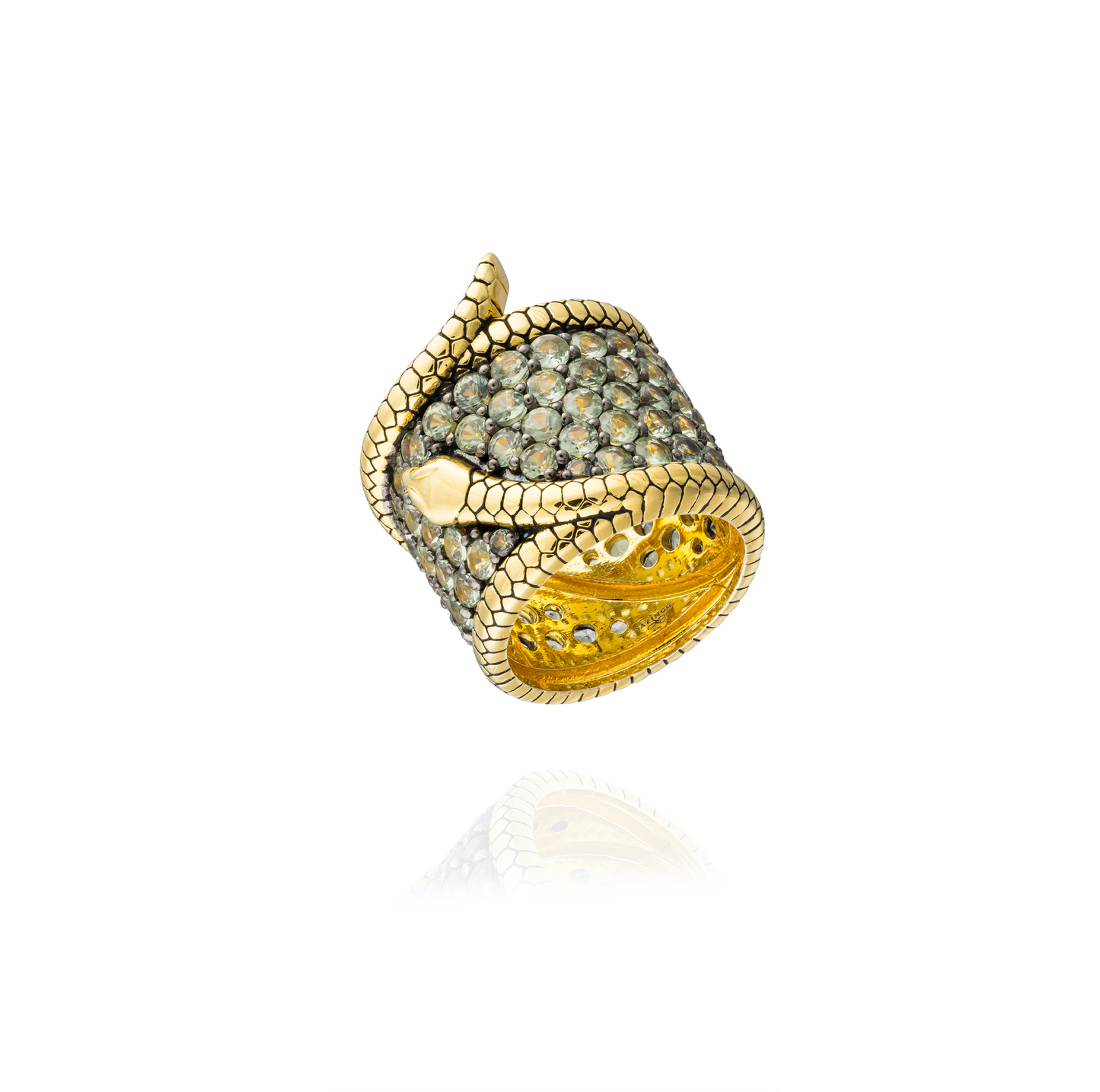 925 Silver Ring 18KT Yellow Gold Plated with Green Sapphire Pave