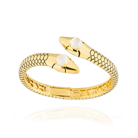 Load image into Gallery viewer, 925 Silver 2 Headed Snake Bracelet 18KT Yellow Gold plated with Moonston Cabouchon
