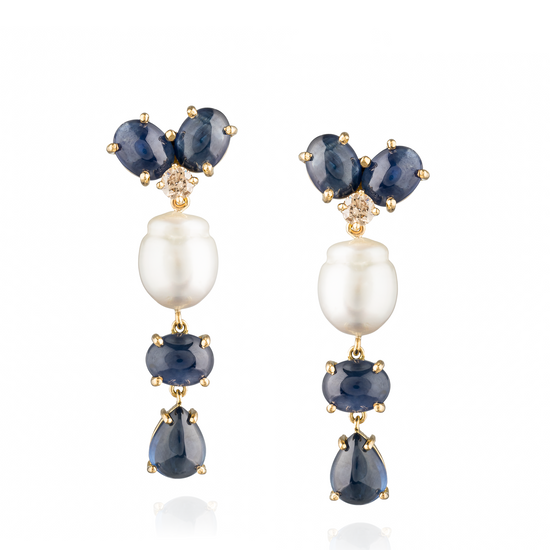 18KT Yellow Gold Earrings with Oval Pearl Shaped Blue Sapphire