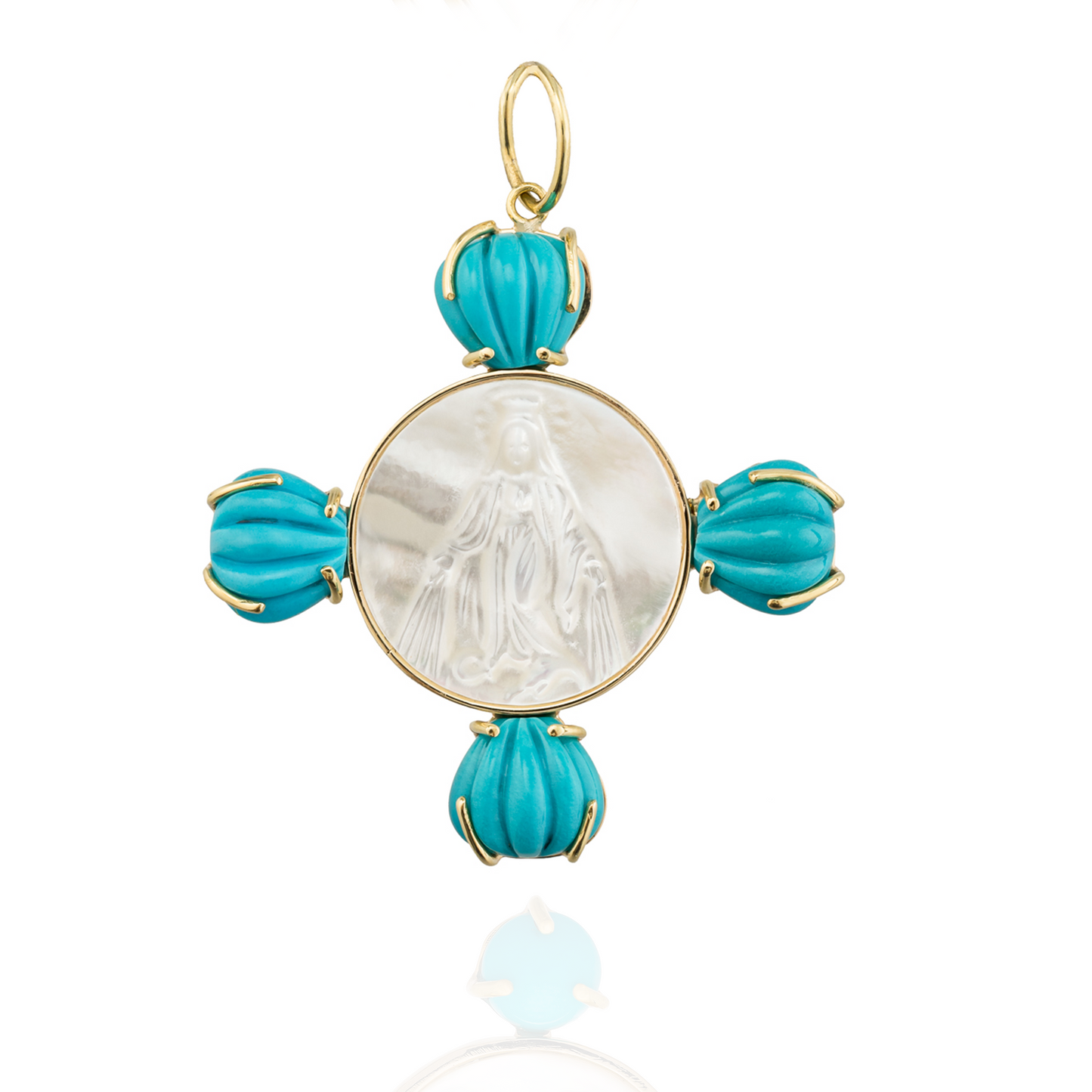18K Yellow Gold Virgin's Medal with Mother of Pearl & Turquoise