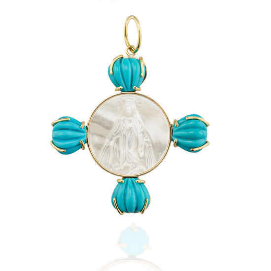 18K Yellow Gold Virgin's Medal with Mother of Pearl & Turquoise