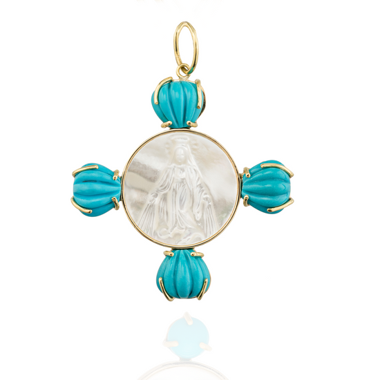 18KT Yellow Gold Medal (Mother of Pearl) Virgin with Turquoise Cabouchons