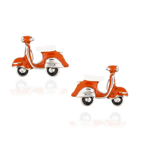 925 Silver Vespa Motorcycle Cufflinks in Orange with White Rhodium.