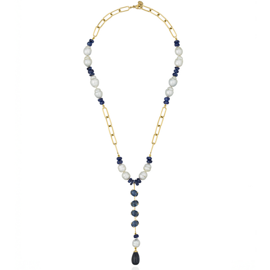 18KT Yellow Necklace with South Sea Pearls & Blue Sapphire