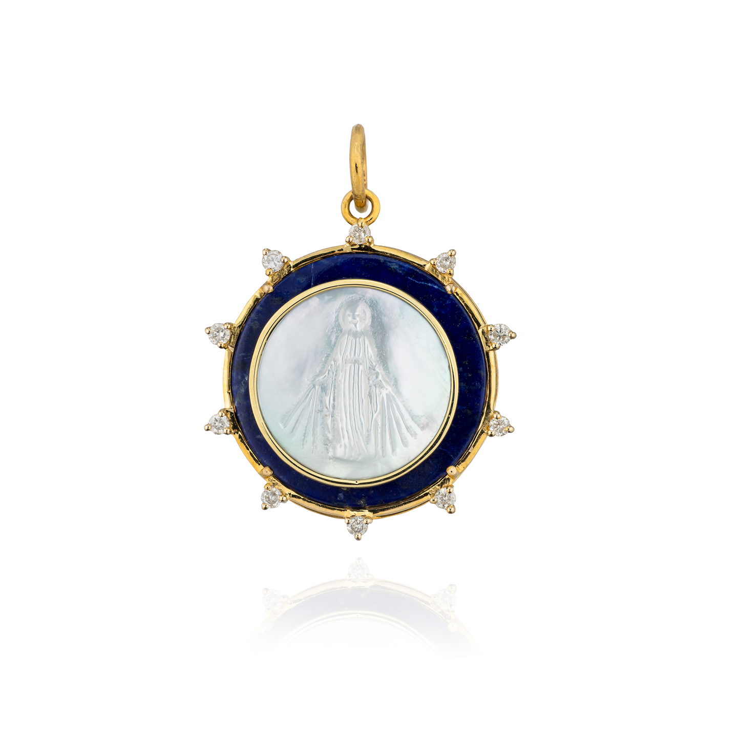 14K Yellow Gold Medal of Miraculous Virgin Mary with Diamonds