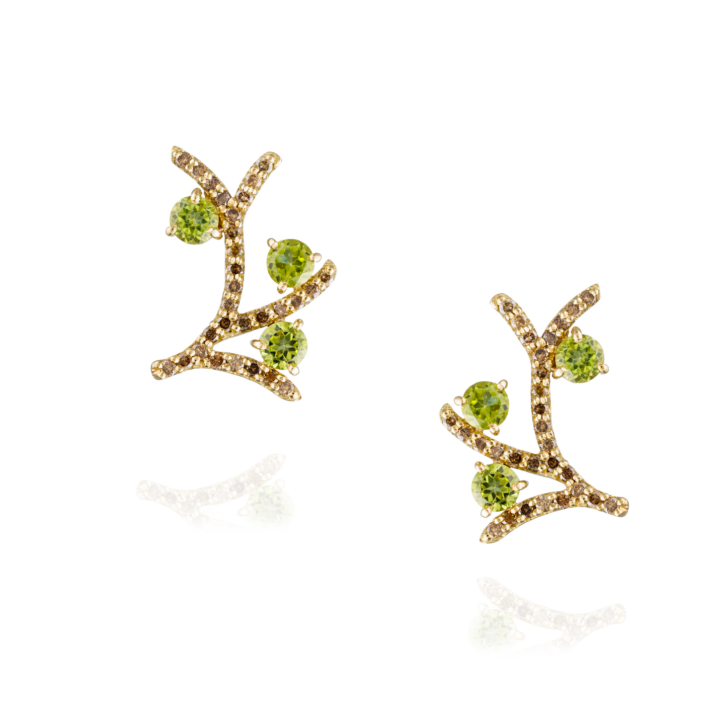 18KT Yellow Gold Earrings with Round Faceted Peridot & Brown Diamonds