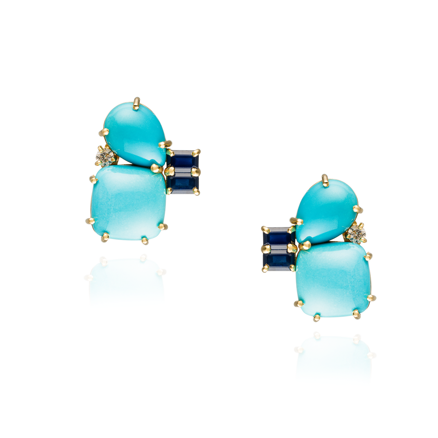 18KT Yellow Gold Earring with Faceted Blue Sapphire & Turquoise Cabouchon