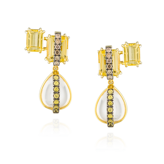 925 Silver Earrings  18KT Yellow Gold Plated with Emerald Cut Lemon Quartz