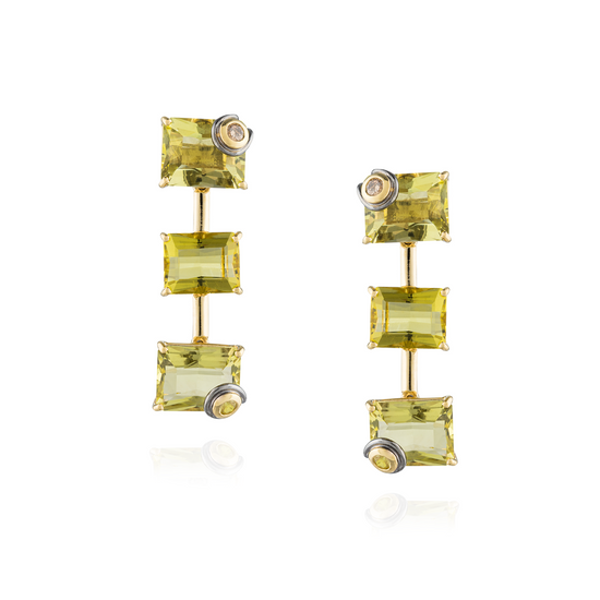 925 Silver Earrings Plated in 18K Yellow Gold with Lemon Quartz, Cognac Diamonds, & Yellow Sapphire