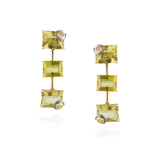 925 Silver Earrings 18KT Yellow Gold Plated with Lemon Quartz, Diamonds & Sapphires