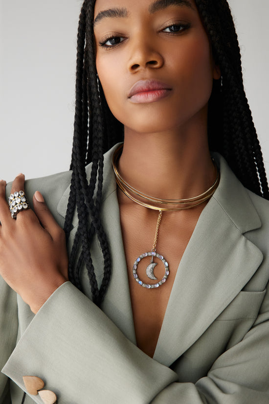 Load image into Gallery viewer, 925 Silver Cuff Necklace with Silver Diamond &amp;amp; Moonstone
