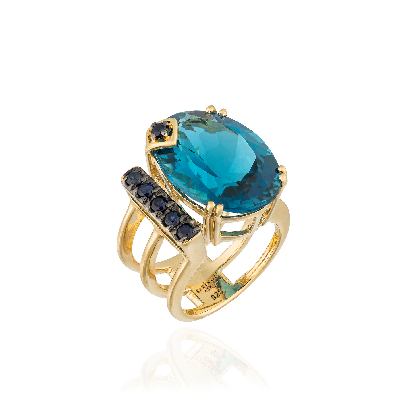 925 Silver 18KT Gold Plated Faceted Ring with with Blue Topaz