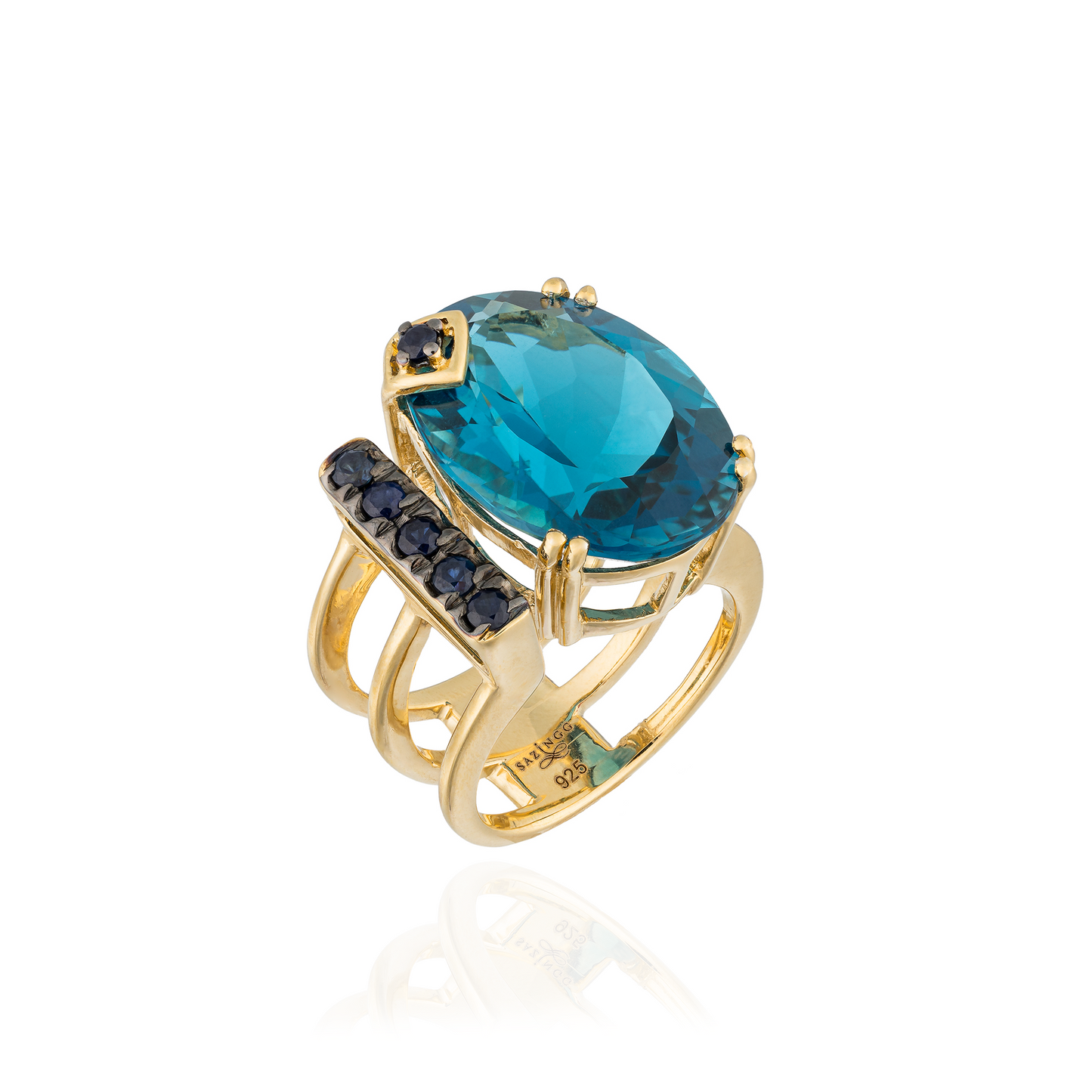 Load image into Gallery viewer, 925 Silver 18KT Gold Plated Faceted Ring with with Blue Topaz
