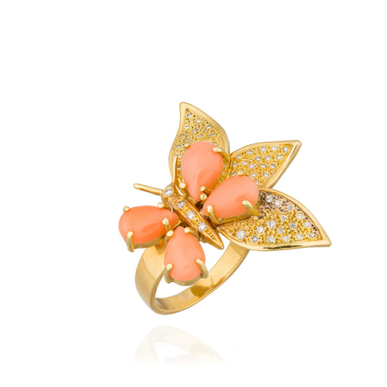18KT Yellow Gold Butterfly Ring with Pink Coral Cabouchon &  Diamonds