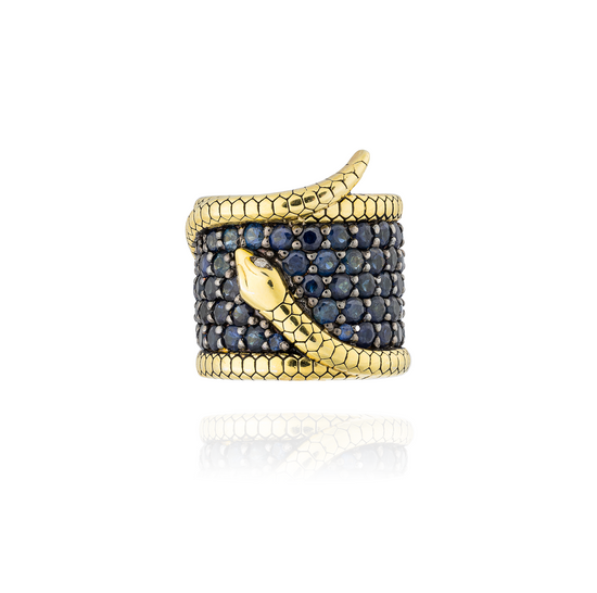 925 Silver Ring 18KT Yellow Gold Plated with Blue Sapphire Pave
