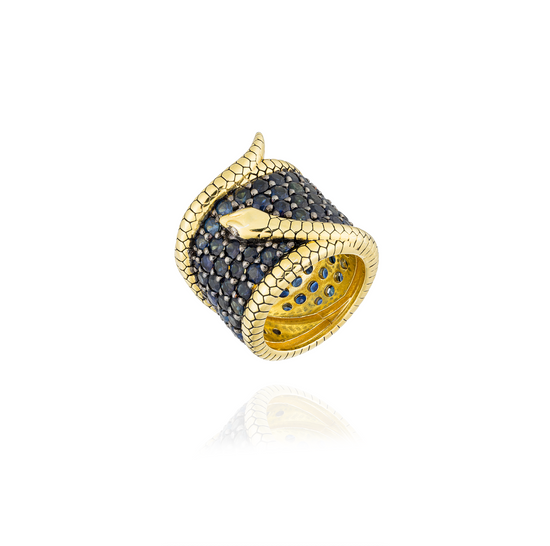 925 Silver Ring 18KT Yellow Gold Plated with Blue Sapphire Pave