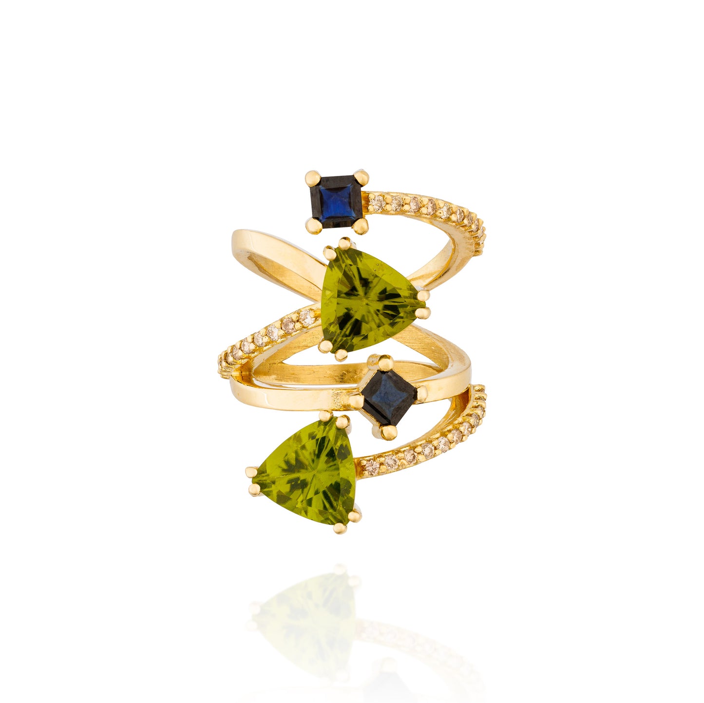 18K Yellow Gold Ring with Peridot, Blue Sapphire & Diamond