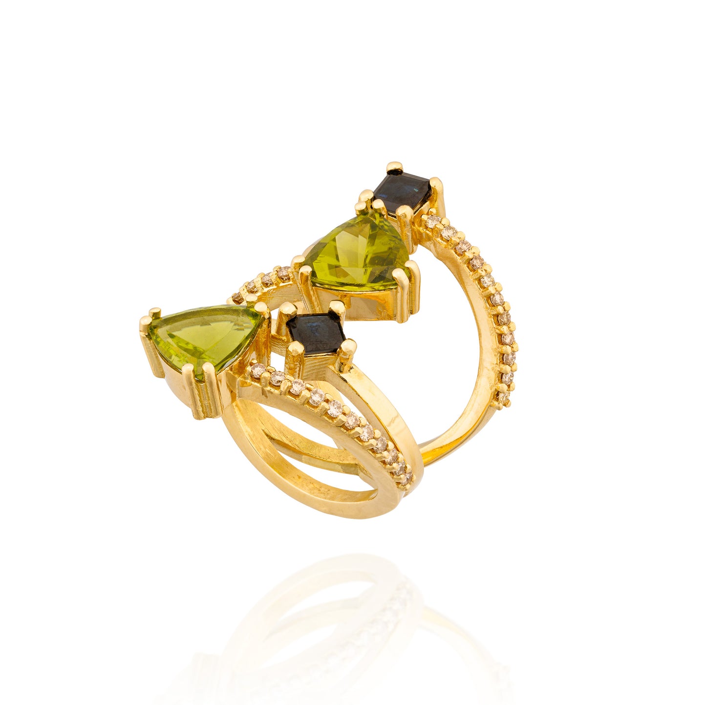 18K Yellow Gold Ring with Peridot, Blue Sapphire & Diamond