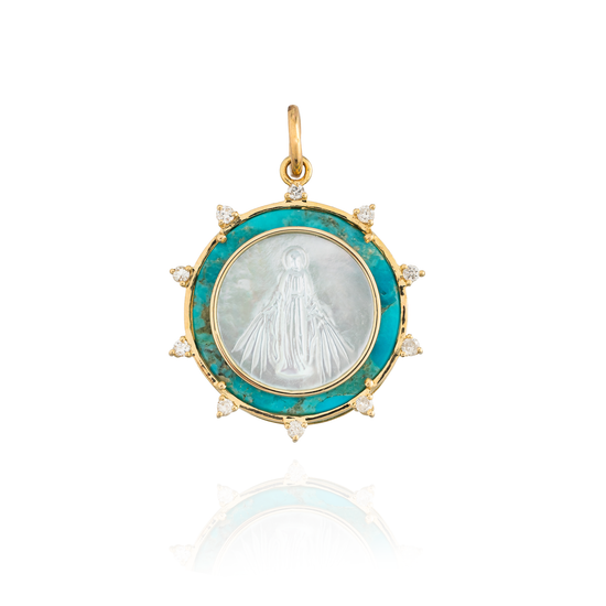 14K Yellow Gold Medal of Miraculous Virgen Mary with Turquoise & Diamond