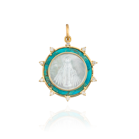14KT Yellow Gold Medal of Miraculous Virgen Mary with Turquoise & Diamond