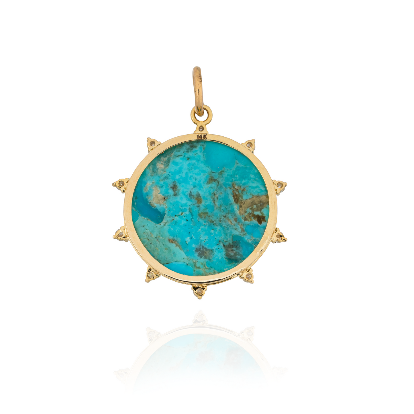 14K Yellow Gold Medal of Miraculous Virgen Mary with Turquoise & Diamond