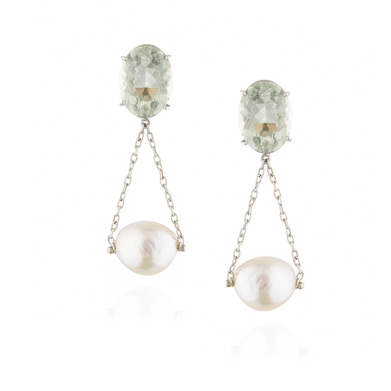 14kT White Yellow Gold Earrings with Faceted Green Amethyst & Fresh Water Pearl