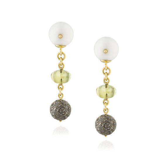 18KT Yellow Gold  & Silver Earrings with White Agate, Lemon Quartz Beads & Pave Diamonds.