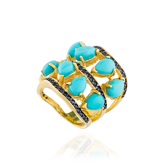 Floret 925 Silver Ring with Pear Shaped Turquoise & Blue Sapphire Pavé