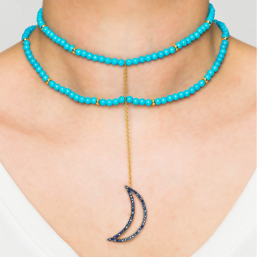 925 Silver Moon Choker with Turquoise & Sapphires