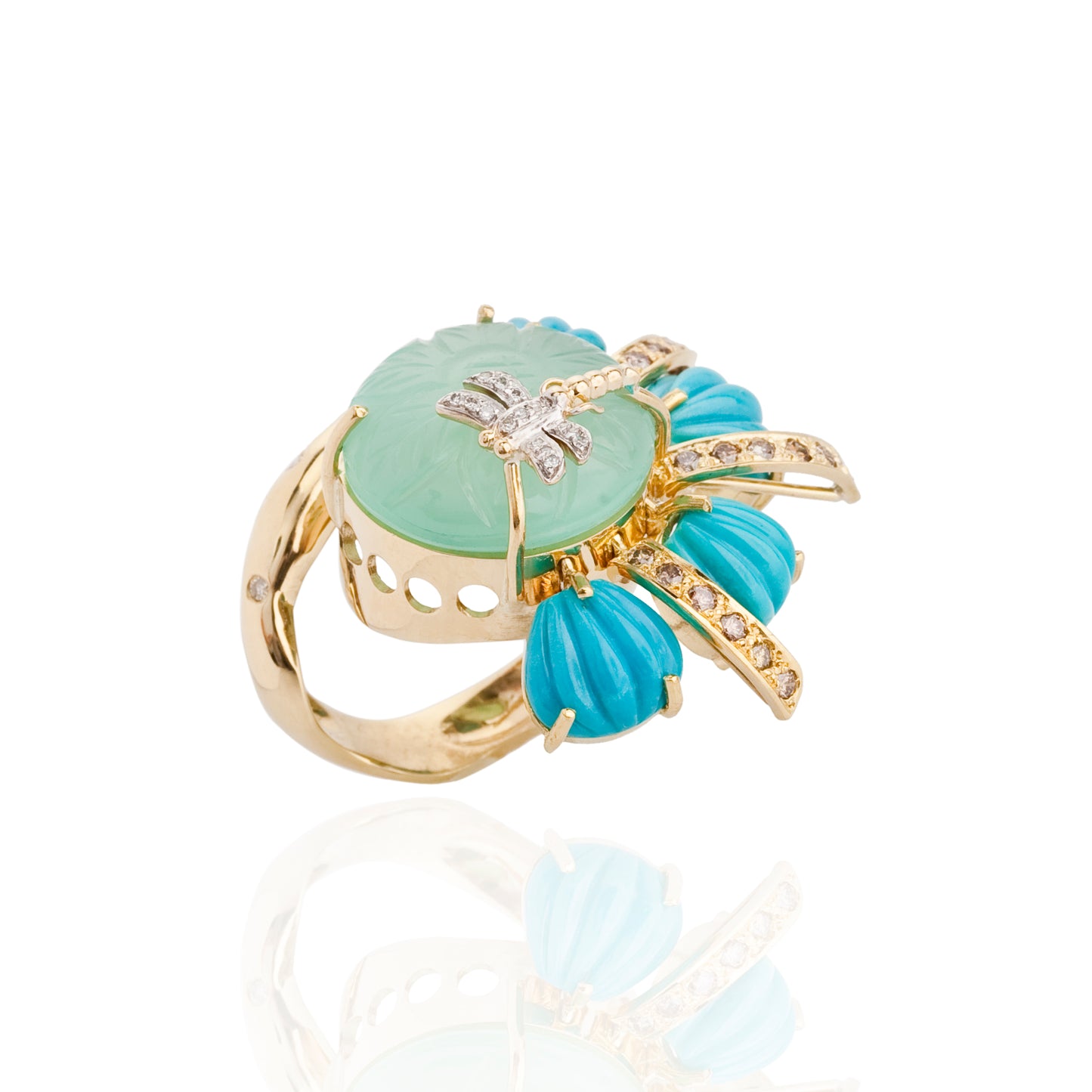 18K Gold Ring with Carved Turquoise Cabochon, Diamond & Peruvian Chalcedony