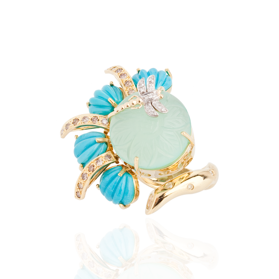 18K Gold Ring with Carved Turquoise Cabochon, Diamond & Peruvian Chalcedony