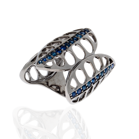 Load image into Gallery viewer, 925 Silver Ring Plated in Black Rhodium with Blue Sapphires
