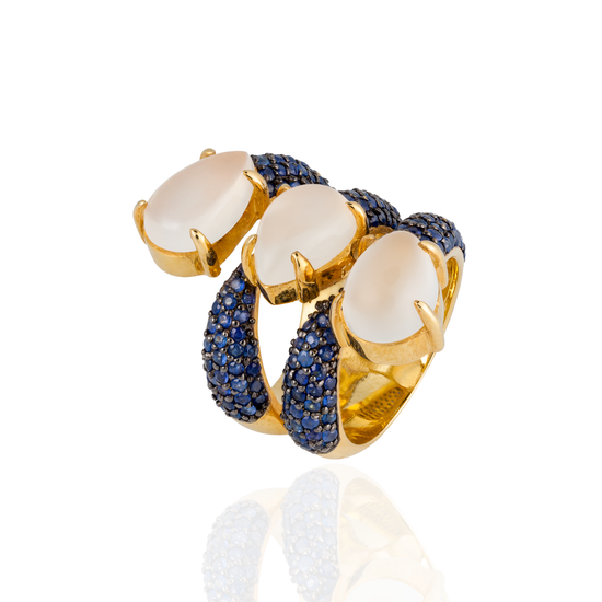 925 Silver Ring with Pear Shaped Moonstone Cabochons & Blue Sapphires