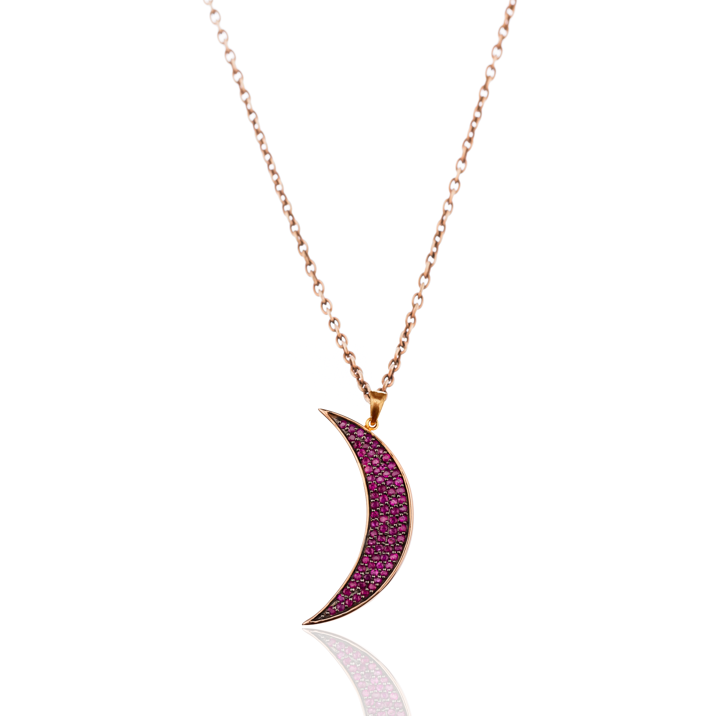 925 Silver Medium Moon Necklace with Rubies
