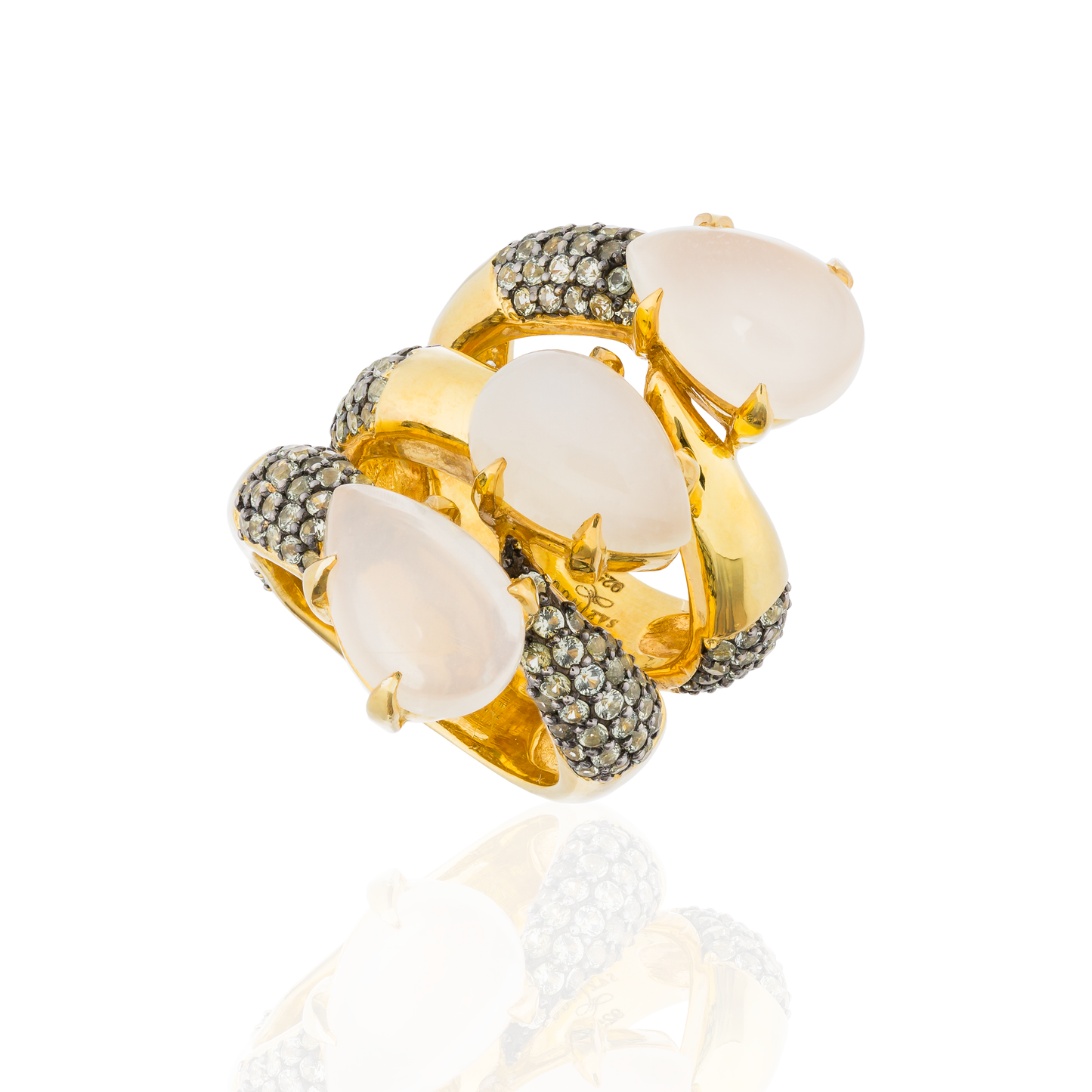 925 Silver Ring with Pear Shaped Moonstone Cabochons & Green Sapphires
