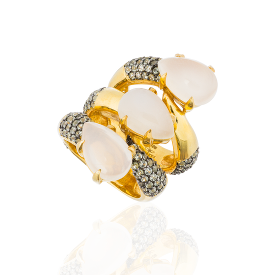 925 Silver Ring with Pear Shaped Moonstone Cabochons & Green Sapphires