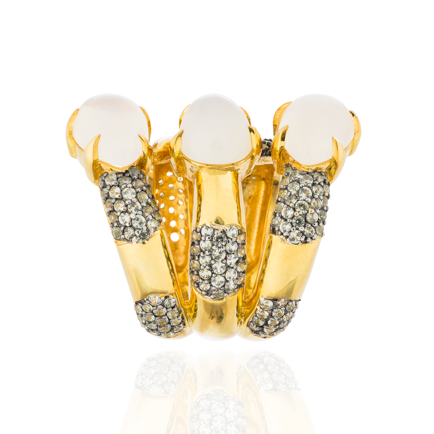 925 Silver Ring with Pear Shaped Moonstone Cabochons & Green Sapphires