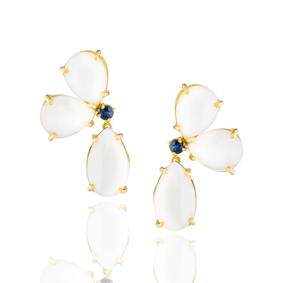 Load image into Gallery viewer, 925 Silver Earrings with Drop Moonstone Cabochons &amp;amp; Blue Sapphire
