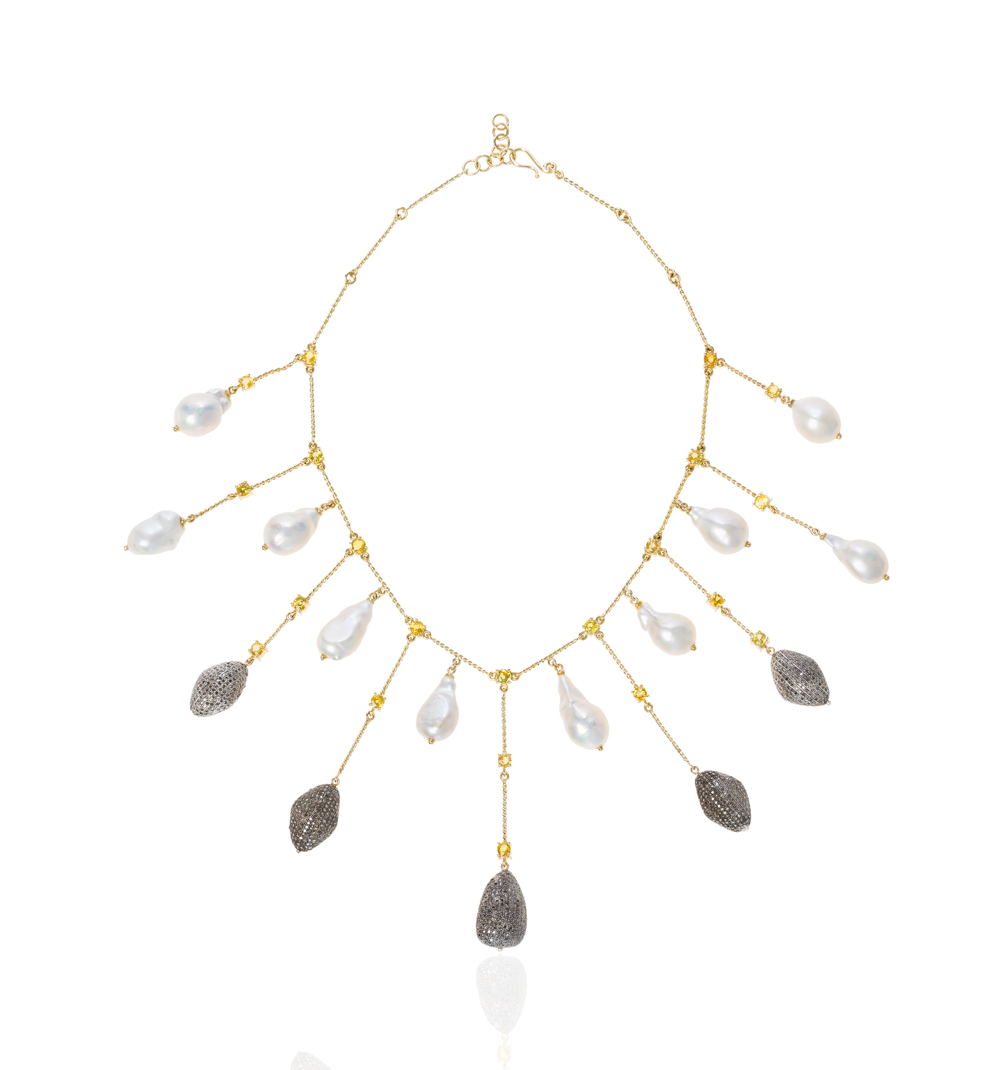 18K Yellow Gold Necklace with Fresh Water Pearls, Sapphire & Diamonds