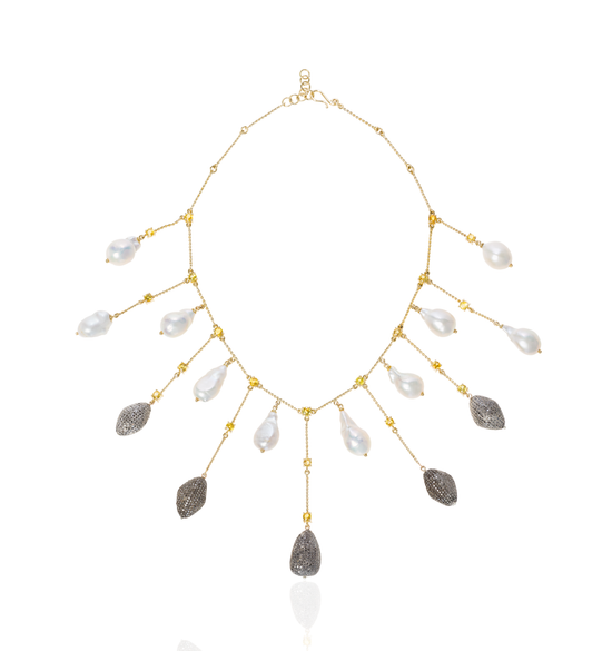 Load image into Gallery viewer, 18k Yellow Gold Necklace with Fresh Water Pearls, Sapphire and Diamonds
