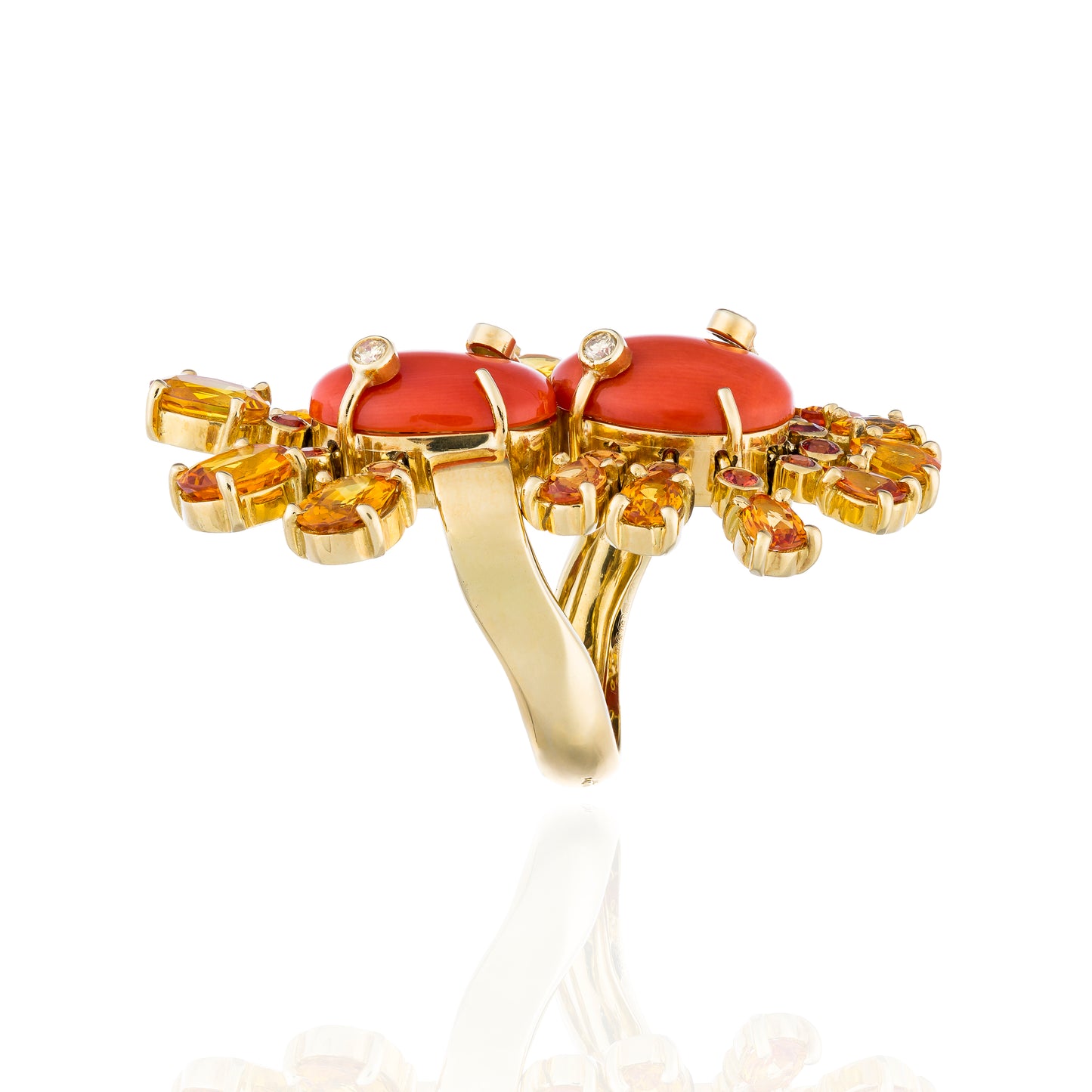 18K Yellow Gold Ring with Red Coral Cabochons, Orange Sapphire & Diamonds