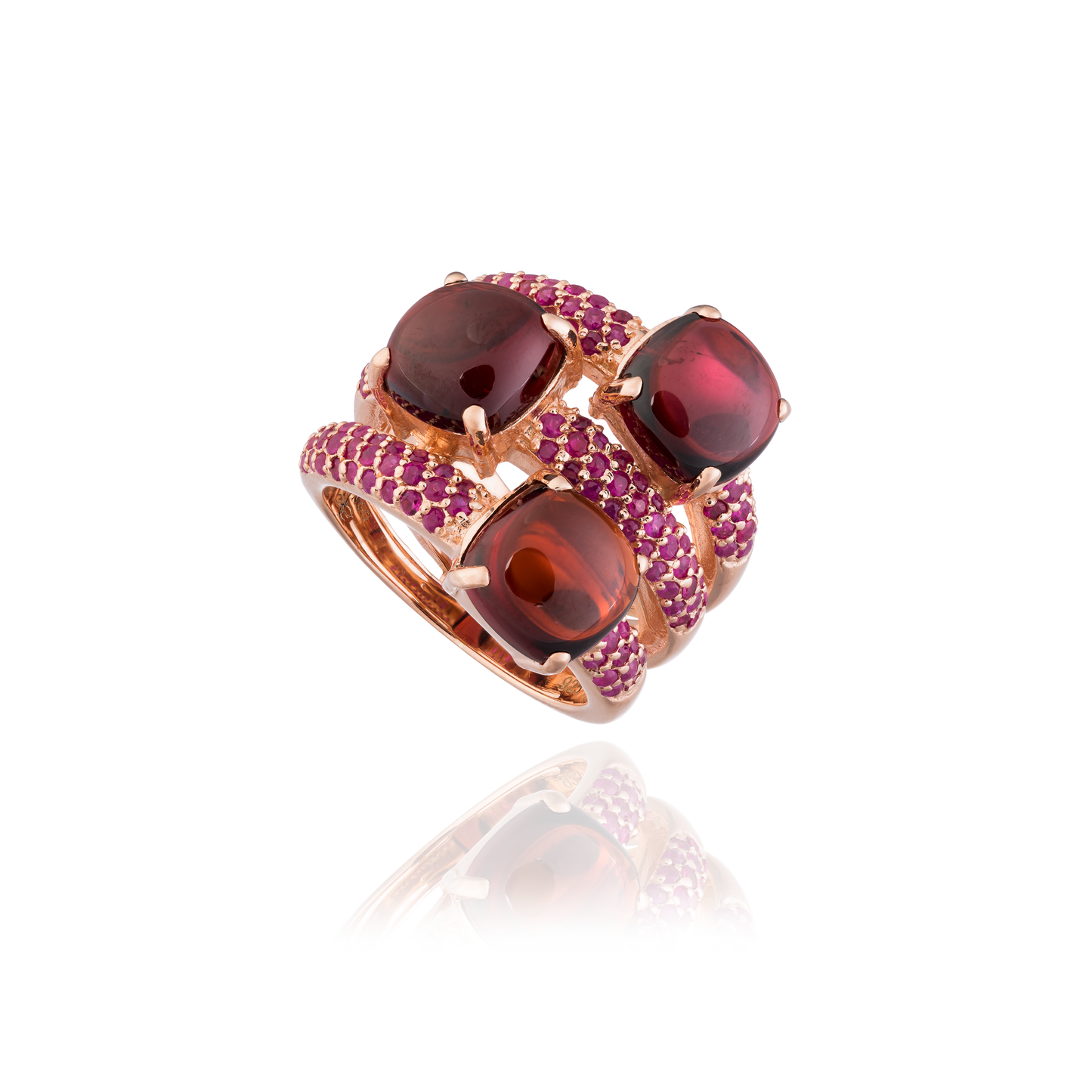925 Silver Ring with Garnet Cabochons & Ruby