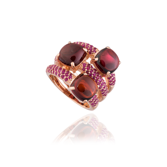 925 Silver Ring with Garnet Cabochons & Ruby