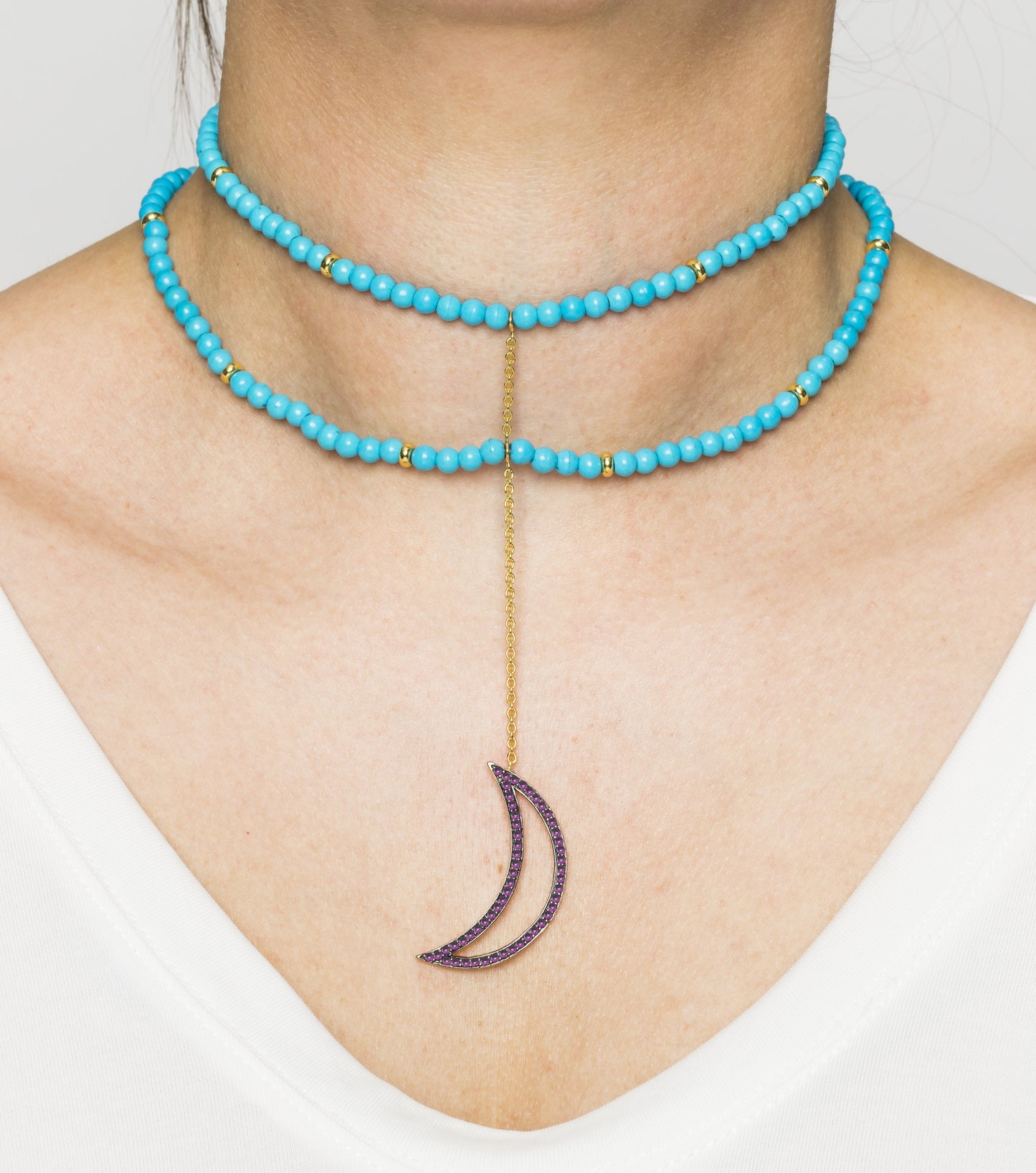 925 Silver Moon Choker With Turquoise & Ruby