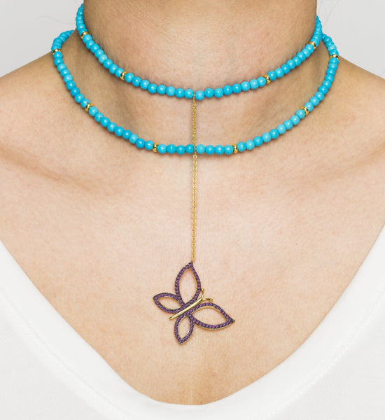 925 Silver Butterfly Choker with Turquoise & Ruby