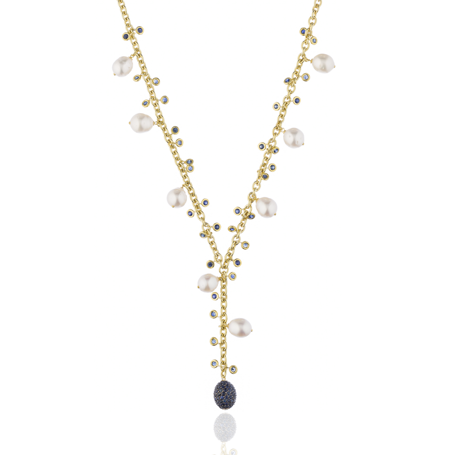 925 Silver Necklace with South Sea Pearls & Blue Sapphires
